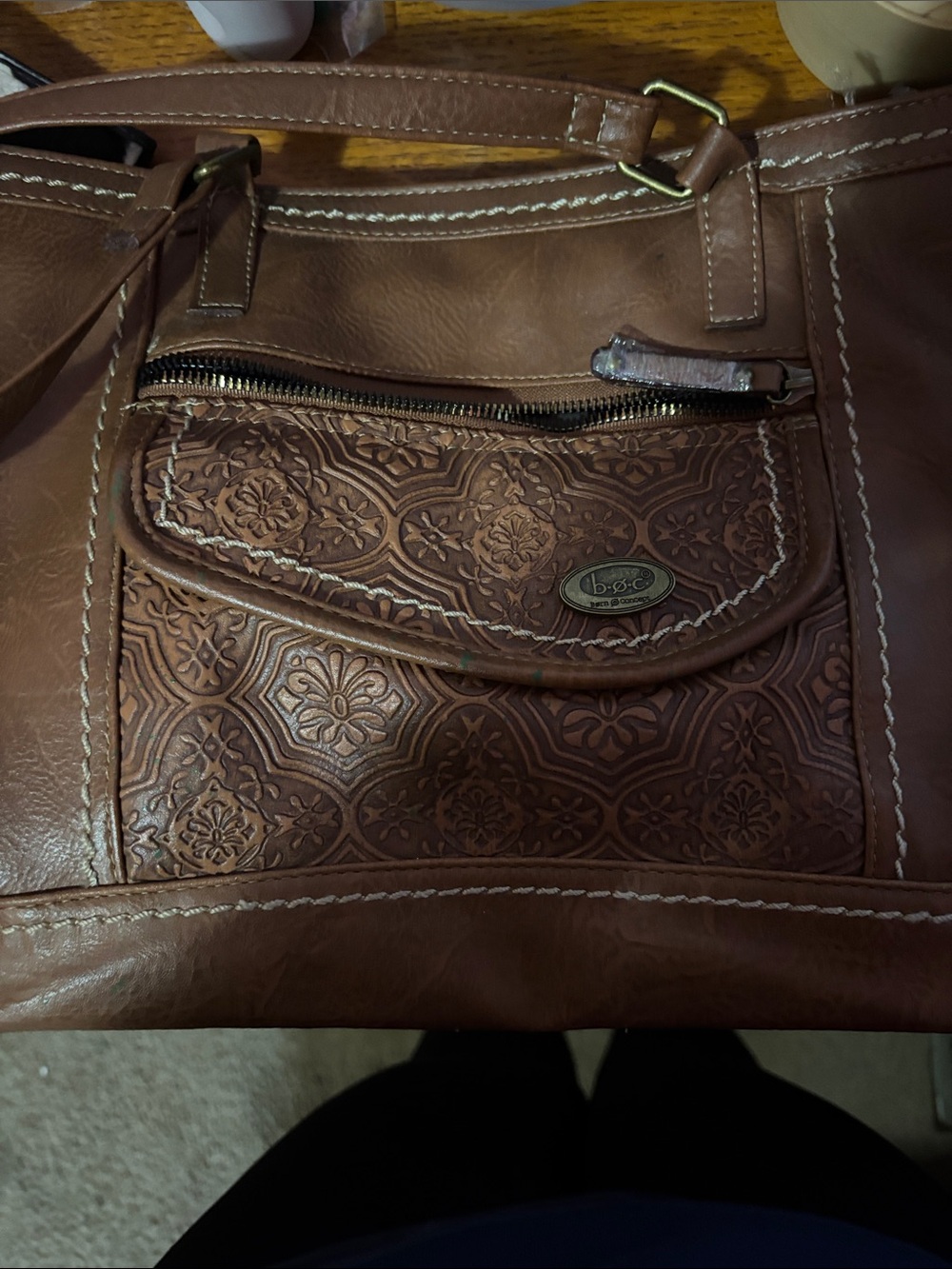 b.o.c. Brown Embossed Shoulder Bag with Front Flap Pocket
